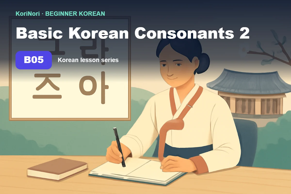 Consonantes coreanas ㅂ, ㅅ, ㅇ, ㅈ, ㅎ con sílabas ejemplo
